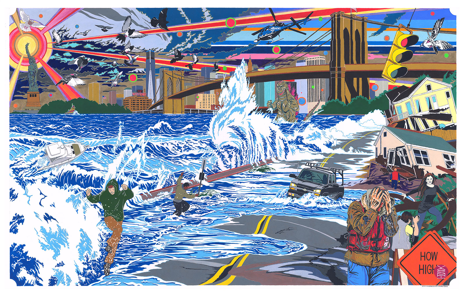 bright gouache painting depicting a flooding sea below the Brooklyn Bridge with the New York City skyline and Godzilla in the background.